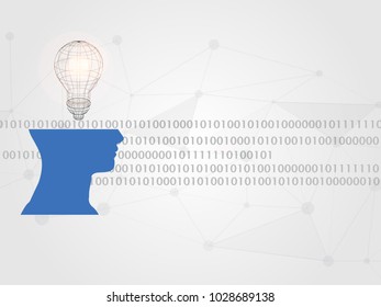 Wireframe lightbulb above human head model on digits background represents concept of engineering and innovation. Technology Background. Vector illustration.
