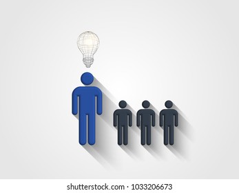 Wireframe lightbulb above human head model represents concept of engineering and innovation. Concept of thinking out of the box. Design thinking. Technology Background. Vector illustration.
