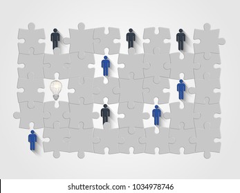 Wireframe lightbulb and human model fill in the hole of jigsaw set represent teamwork, thinking different and innovation concept. Vector Abstract background made from puzzle pieces. 