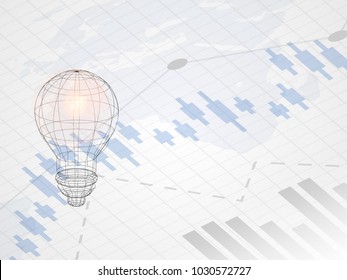 Wireframe lightbulb on abstract financial chart with uptrend line graph. Candle stick graph of investment trading on world map as background. Trend of stock market chart. Vector business concept.