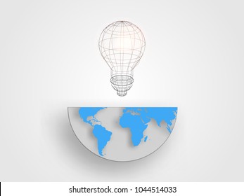 Wireframe lightbulb on half size of the earth map represent concept of innovation and idea. Technology background. Vector illustration
