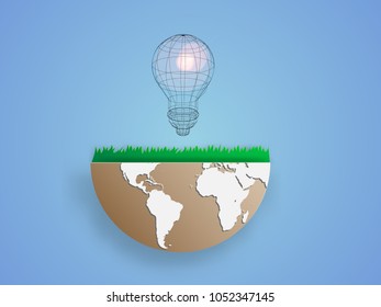 Wireframe lightbulb on half size of the earth  represent concept of environmental saving and eco system. Business concept and innovation. Technology background. Vector illustration
