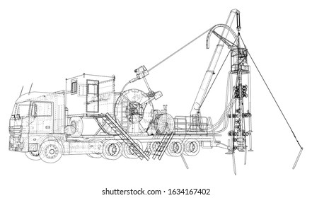 Wire-frame line coiled tubing truck isolated on white. Vector rendering of 3d.