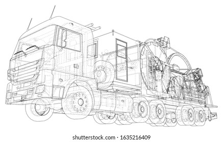 Wire-frame line coiled tubing truck isolated on white. Vector rendering of 3d.