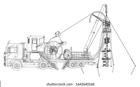 Wire-frame line coiled tubing truck isolated on white. Vector rendering of 3d.