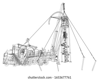 Wire-frame line coiled tubing truck isolated on white. Vector rendering of 3d.