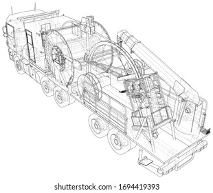 Wire-frame line coiled tubing truck isolated on white. Vector rendering of 3d.