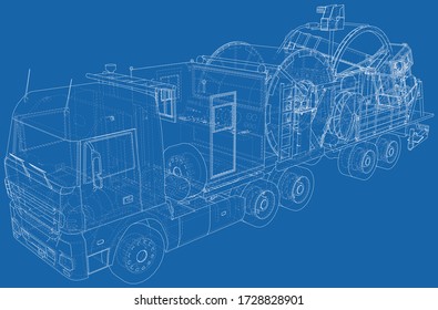 Wire-frame line coiled tubing truck isolated on white. Vector rendering of 3d.