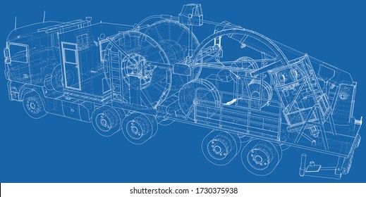 Wire-frame line coiled tubing truck isolated on white. Vector rendering of 3d.