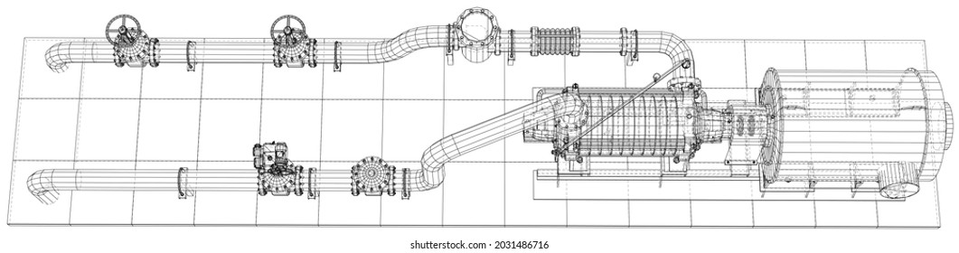 Wire-frame line pumping unit isolated on white. Vector rendering of 3d.