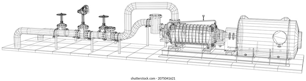 Wire-frame line pumping unit isolated on white. Vector rendering of 3d.