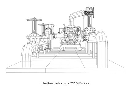 Wire-frame line pumping unit isolated on white. Vector rendering of 3d.