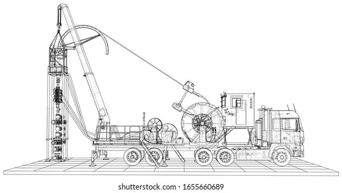 Wire-frame line truck isolated on white. Vector rendering of 3d.