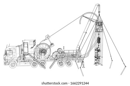 Wire-frame line truck isolated on white. Vector rendering of 3d.