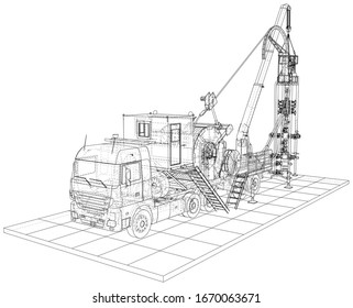 Wire-frame line truck isolated on white. Vector rendering of 3d.