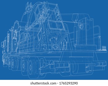 Wire-frame line truck isolated on white. Vector rendering of 3d.