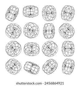 Wireframe lined shapes. Perspective mesh, 3d grid. Low poly geometric elements. Retro futuristic design elements, y2k, vaporwave and synthwave style. Vector illustration