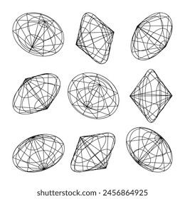 Wireframe lined shapes. Perspective mesh, 3d grid. Low poly geometric elements. Retro futuristic design elements, y2k, vaporwave and synthwave style. Vector illustration