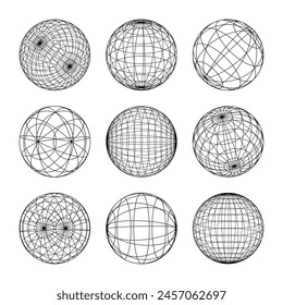 Wireframe lined shapes. Perspective mesh, 3d grid. Low poly geometric elements. Retro futuristic design elements, y2k, vaporwave and synthwave style. Vector illustration
