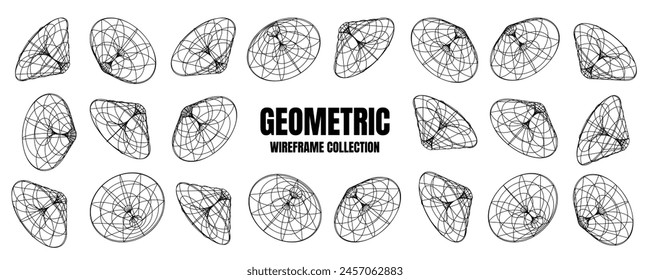 Wireframe lined shapes. Perspective mesh, 3d grid. Low poly geometric elements. Retro futuristic design elements, y2k, vaporwave and synthwave style. Vector illustration