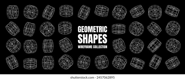 Wireframe lined shapes. Perspective mesh, 3d grid. Low poly geometric elements. Retro futuristic design elements, y2k, vaporwave and synthwave style. Vector illustration
