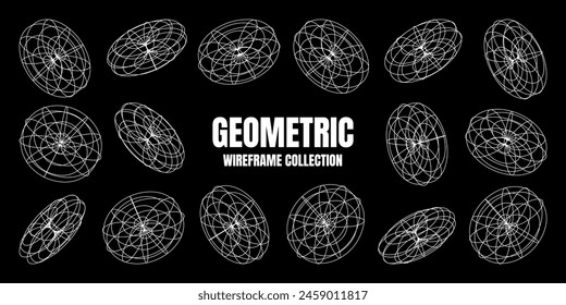 Wireframe lined shapes. Perspective mesh, 3d grid. Low poly geometric elements. Retro futuristic design elements, y2k, vaporwave and synthwave style. Vector illustration