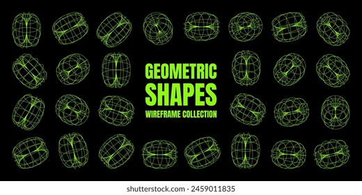 Wireframe lined shapes. Perspective mesh, 3d grid. Low poly geometric elements. Retro futuristic design elements, y2k, vaporwave and synthwave style. Vector illustration