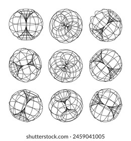 Wireframe lined shapes. Perspective mesh, 3d grid. Low poly geometric elements. Retro futuristic design elements, y2k, vaporwave and synthwave style. Vector illustration