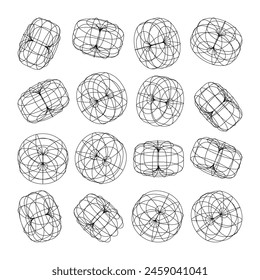 Wireframe lined shapes. Perspective mesh, 3d grid. Low poly geometric elements. Retro futuristic design elements, y2k, vaporwave and synthwave style. Vector illustration