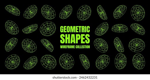 Wireframe lined shapes. Perspective mesh, 3d grid. Low poly geometric elements. Retro futuristic design elements, y2k, vaporwave and synthwave style. Vector illustration