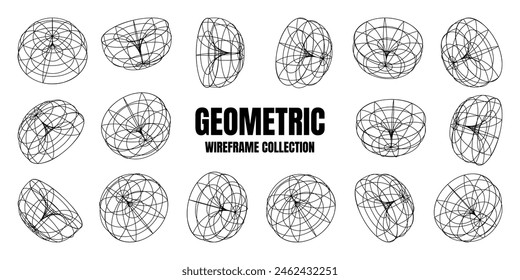 Wireframe lined shapes. Perspective mesh, 3d grid. Low poly geometric elements. Retro futuristic design elements, y2k, vaporwave and synthwave style. Vector illustration