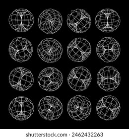 Wireframe lined shapes. Perspective mesh, 3d grid. Low poly geometric elements. Retro futuristic design elements, y2k, vaporwave and synthwave style. Vector illustration