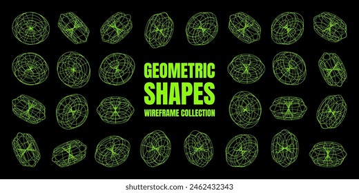 Wireframe lined shapes. Perspective mesh, 3d grid. Low poly geometric elements. Retro futuristic design elements, y2k, vaporwave and synthwave style. Vector illustration