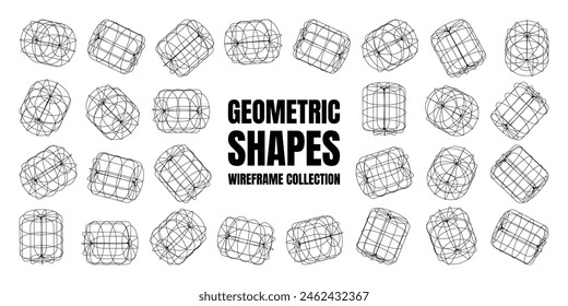 Wireframe lined shapes. Perspective mesh, 3d grid. Low poly geometric elements. Retro futuristic design elements, y2k, vaporwave and synthwave style. Vector illustration