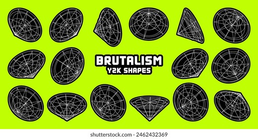 Wireframe lined shapes. Perspective mesh, 3d grid. Modern trendy low poly geometric elements. Retro futuristic design elements, y2k, vaporwave and synthwave style. Vector illustration