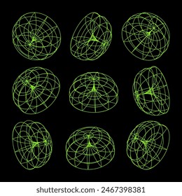 Wireframe lined shapes. Perspective mesh, 3d grid. Low poly geometric elements. Retro futuristic design elements, y2k, vaporwave and synthwave style. Vector illustration