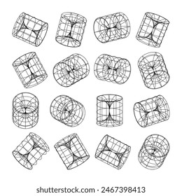 Wireframe lined shapes. Perspective mesh, 3d grid. Low poly geometric elements. Retro futuristic design elements, y2k, vaporwave and synthwave style. Vector illustration