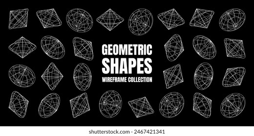 Wireframe lined shapes. Perspective mesh, 3d grid. Low poly geometric elements. Retro futuristic design elements, y2k, vaporwave and synthwave style. Vector illustration