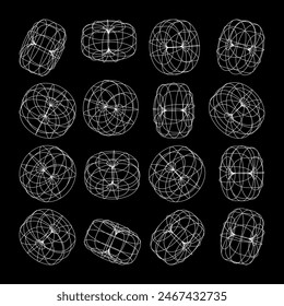 Wireframe lined shapes. Perspective mesh, 3d grid. Low poly geometric elements. Retro futuristic design elements, y2k, vaporwave and synthwave style. Vector illustration