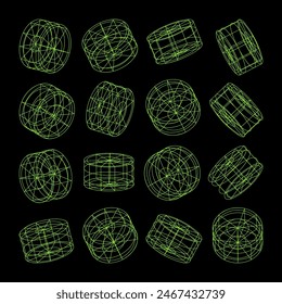 Wireframe lined shapes. Perspective mesh, 3d grid. Low poly geometric elements. Retro futuristic design elements, y2k, vaporwave and synthwave style. Vector illustration