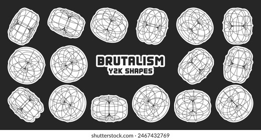 Wireframe lined shapes. Perspective mesh, 3d grid. Modern trendy low poly geometric elements. Retro futuristic design elements, y2k, vaporwave and synthwave style. Vector illustration