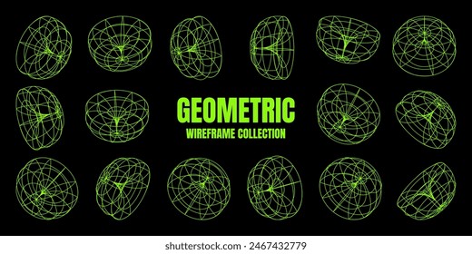 Wireframe lined shapes. Perspective mesh, 3d grid. Low poly geometric elements. Retro futuristic design elements, y2k, vaporwave and synthwave style. Vector illustration