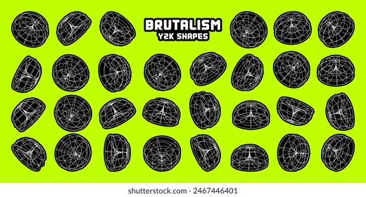 Wireframe lined shapes. Perspective mesh, 3d grid. Modern trendy low poly geometric elements. Retro futuristic design elements, y2k, vaporwave and synthwave style. Vector illustration