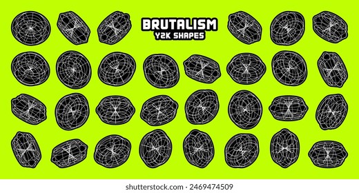 Wireframe lined shapes. Perspective mesh, 3d grid. Modern trendy low poly geometric elements. Retro futuristic design elements, y2k, vaporwave and synthwave style. Vector illustration