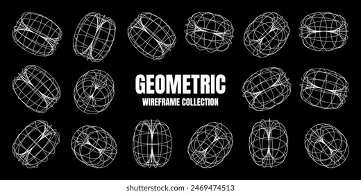 Wireframe lined shapes. Perspective mesh, 3d grid. Low poly geometric elements. Retro futuristic design elements, y2k, vaporwave and synthwave style. Vector illustration