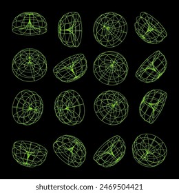 Wireframe lined shapes. Perspective mesh, 3d grid. Low poly geometric elements. Retro futuristic design elements, y2k, vaporwave and synthwave style. Vector illustration