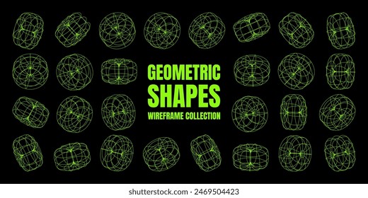 Wireframe lined shapes. Perspective mesh, 3d grid. Low poly geometric elements. Retro futuristic design elements, y2k, vaporwave and synthwave style. Vector illustration