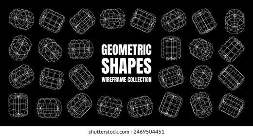 Wireframe lined shapes. Perspective mesh, 3d grid. Low poly geometric elements. Retro futuristic design elements, y2k, vaporwave and synthwave style. Vector illustration