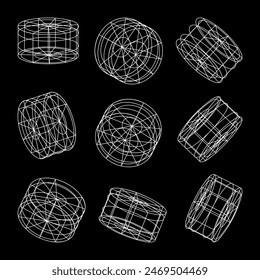 Wireframe lined shapes. Perspective mesh, 3d grid. Low poly geometric elements. Retro futuristic design elements, y2k, vaporwave and synthwave style. Vector illustration