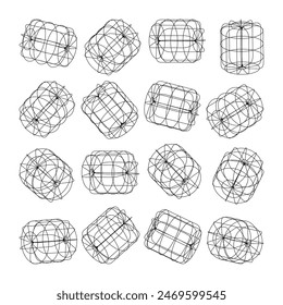 Wireframe lined shapes. Perspective mesh, 3d grid. Low poly geometric elements. Retro futuristic design elements, y2k, vaporwave and synthwave style. Vector illustration